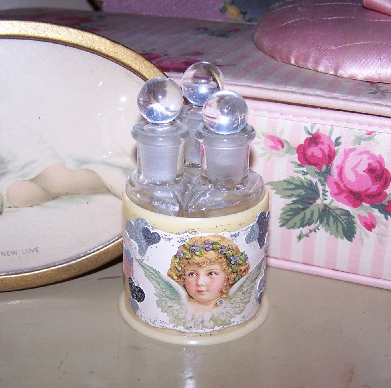 Repurposed Celluloid Perfume or Cologne Holder with Original Glass Bottles