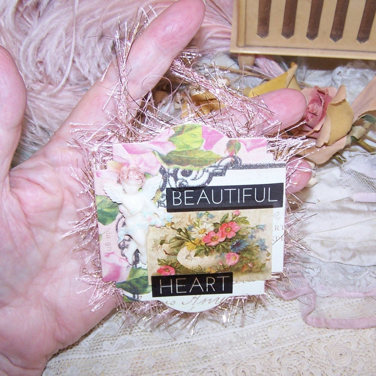 Mixed Media Victorian Revival Angel Ornament - BEAUTIFUL HEART