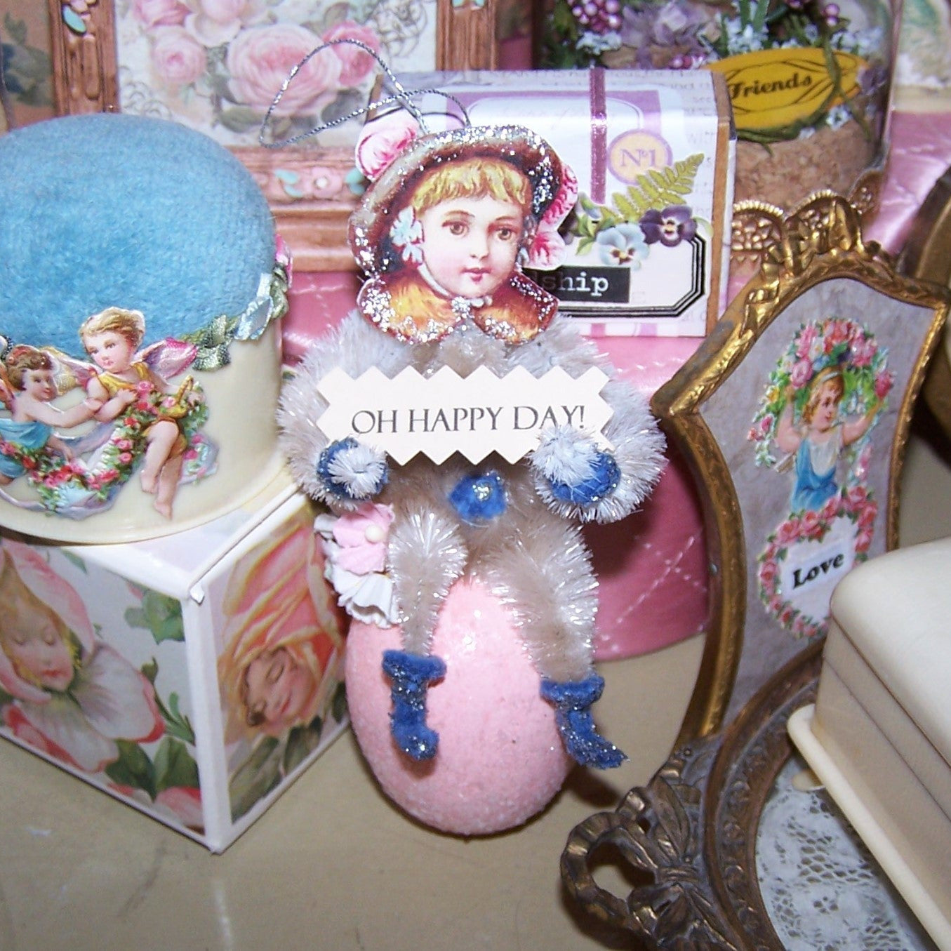 Handcrafted Chenille Ornament | Victorian Girl on Pink Egg - OH HAPPY DAY