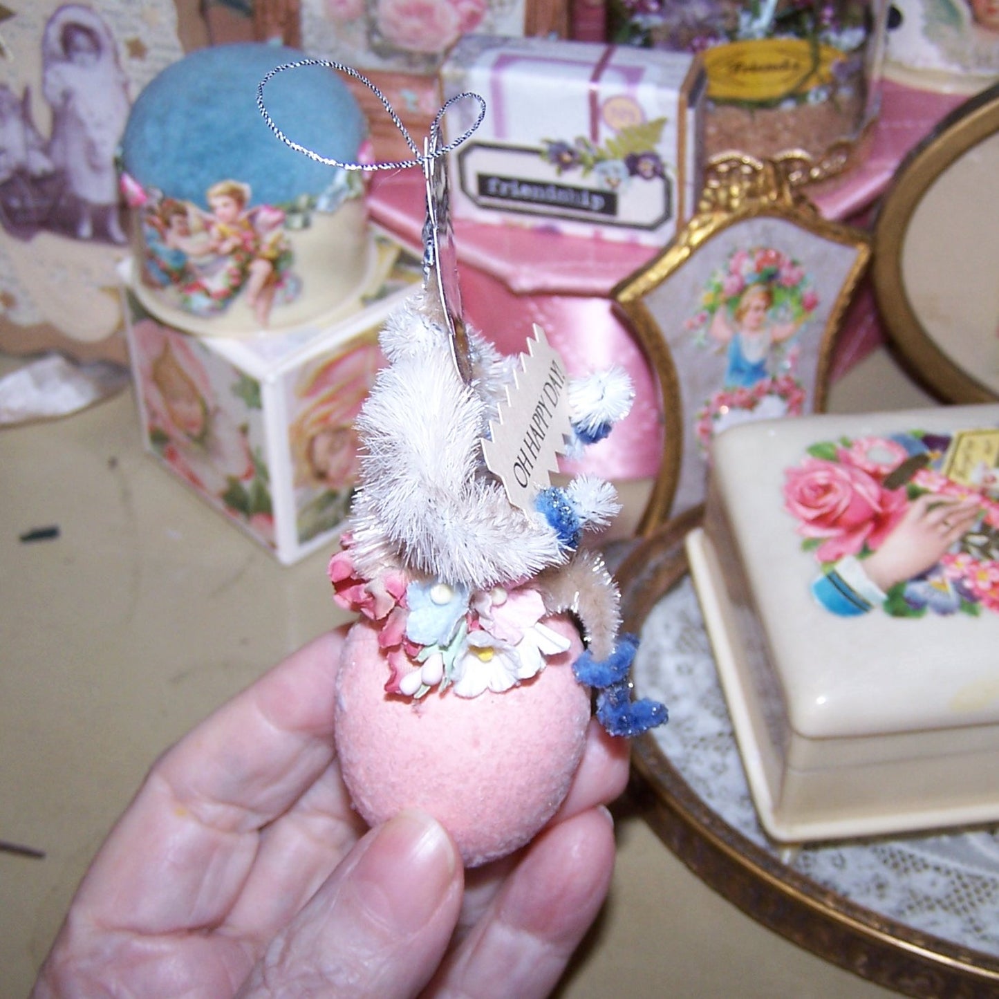 Handcrafted Chenille Ornament | Victorian Girl on Pink Egg - OH HAPPY DAY