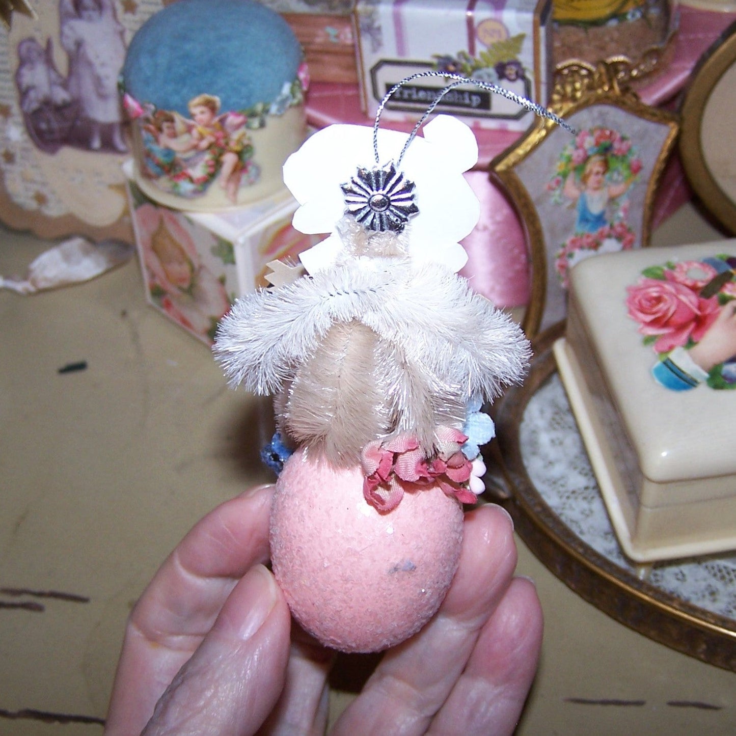 Handcrafted Chenille Ornament | Victorian Girl on Pink Egg - OH HAPPY DAY