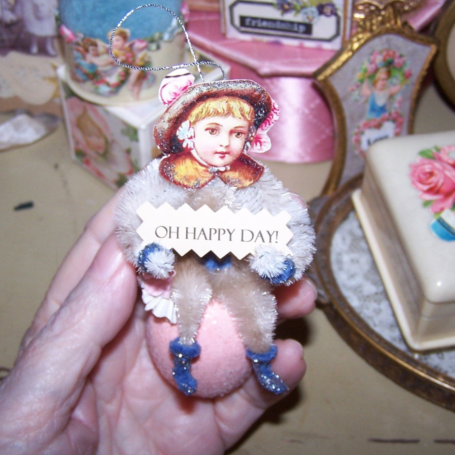 Handcrafted Chenille Ornament | Victorian Girl on Pink Egg - OH HAPPY DAY