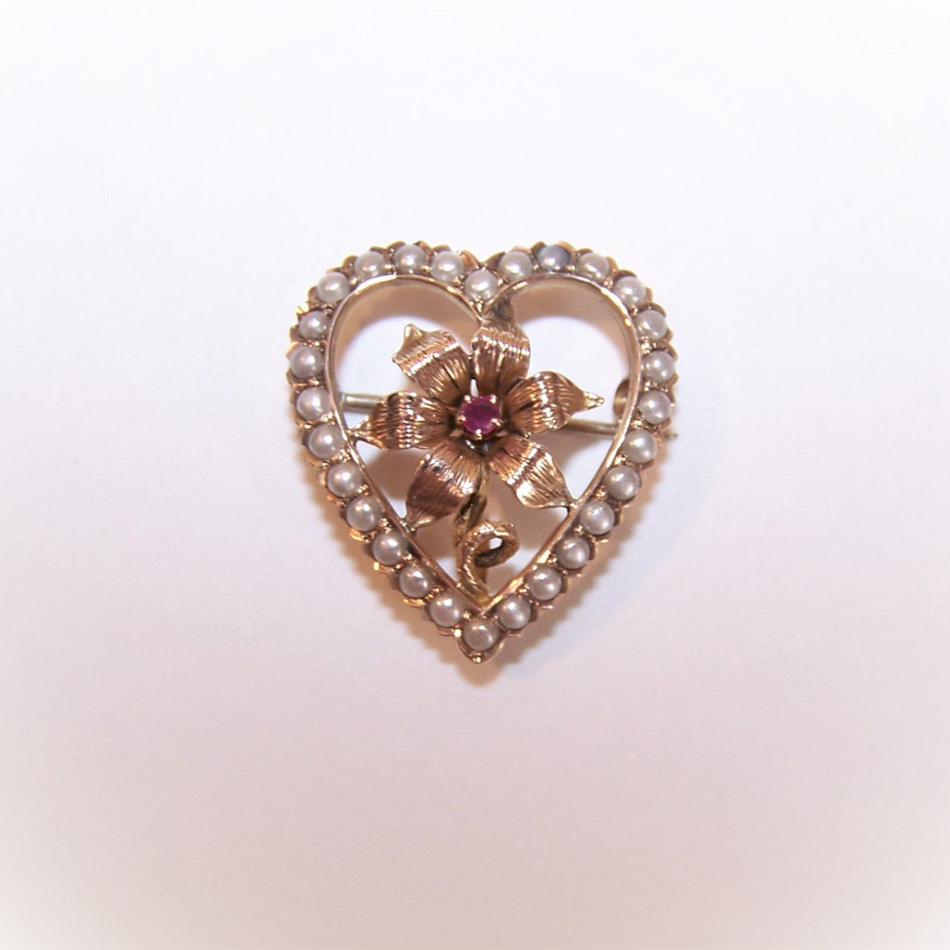 Antique Victorian 14K Gold Ruby Pearl Watch Pin Brooch Pendant - Heart Shape