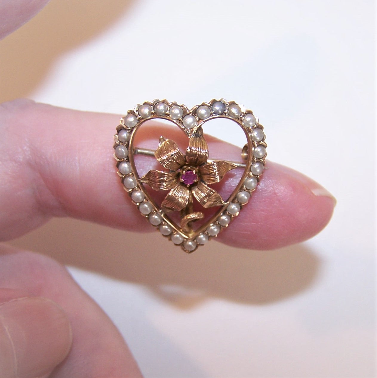 Antique Victorian 14K Gold Ruby Pearl Watch Pin Brooch Pendant - Heart Shape