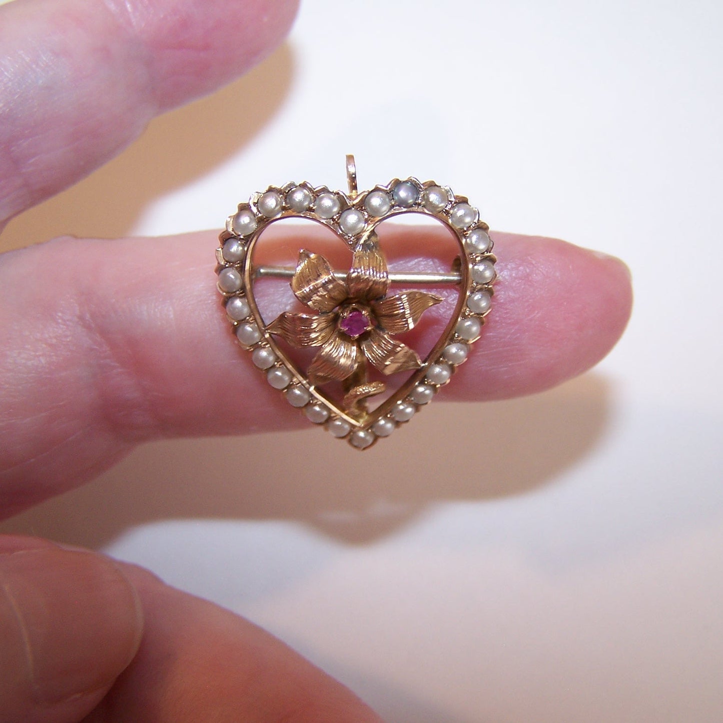 Antique Victorian 14K Gold Ruby Pearl Watch Pin Brooch Pendant - Heart Shape