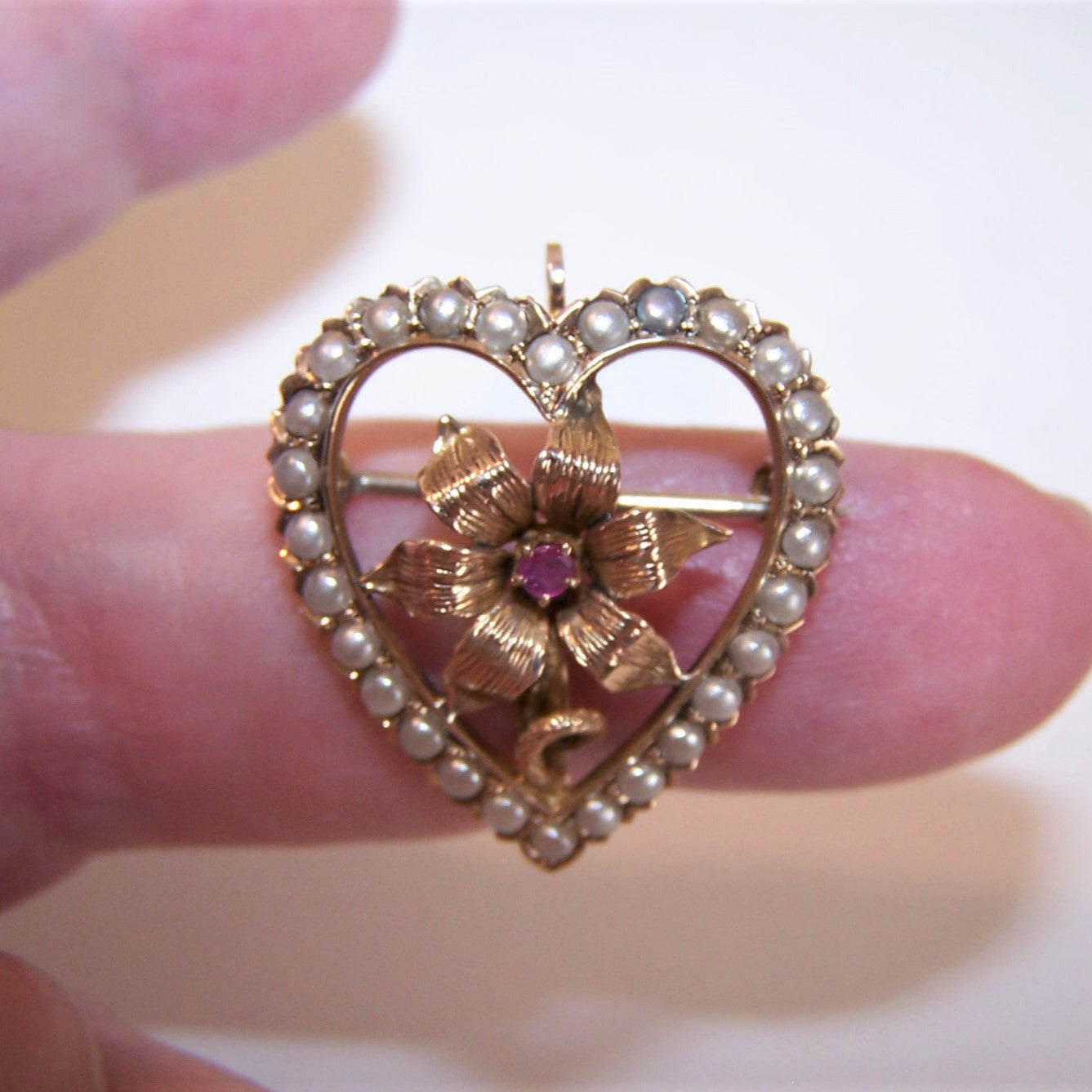 Antique Victorian 14K Gold Ruby Pearl Watch Pin Brooch Pendant - Heart Shape