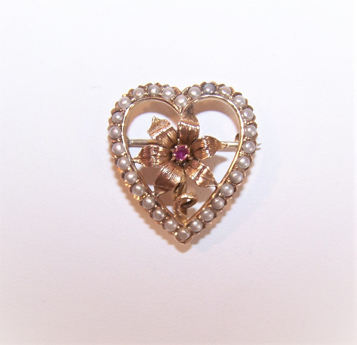 Antique Victorian 14K Gold Ruby Pearl Watch Pin Brooch Pendant - Heart Shape