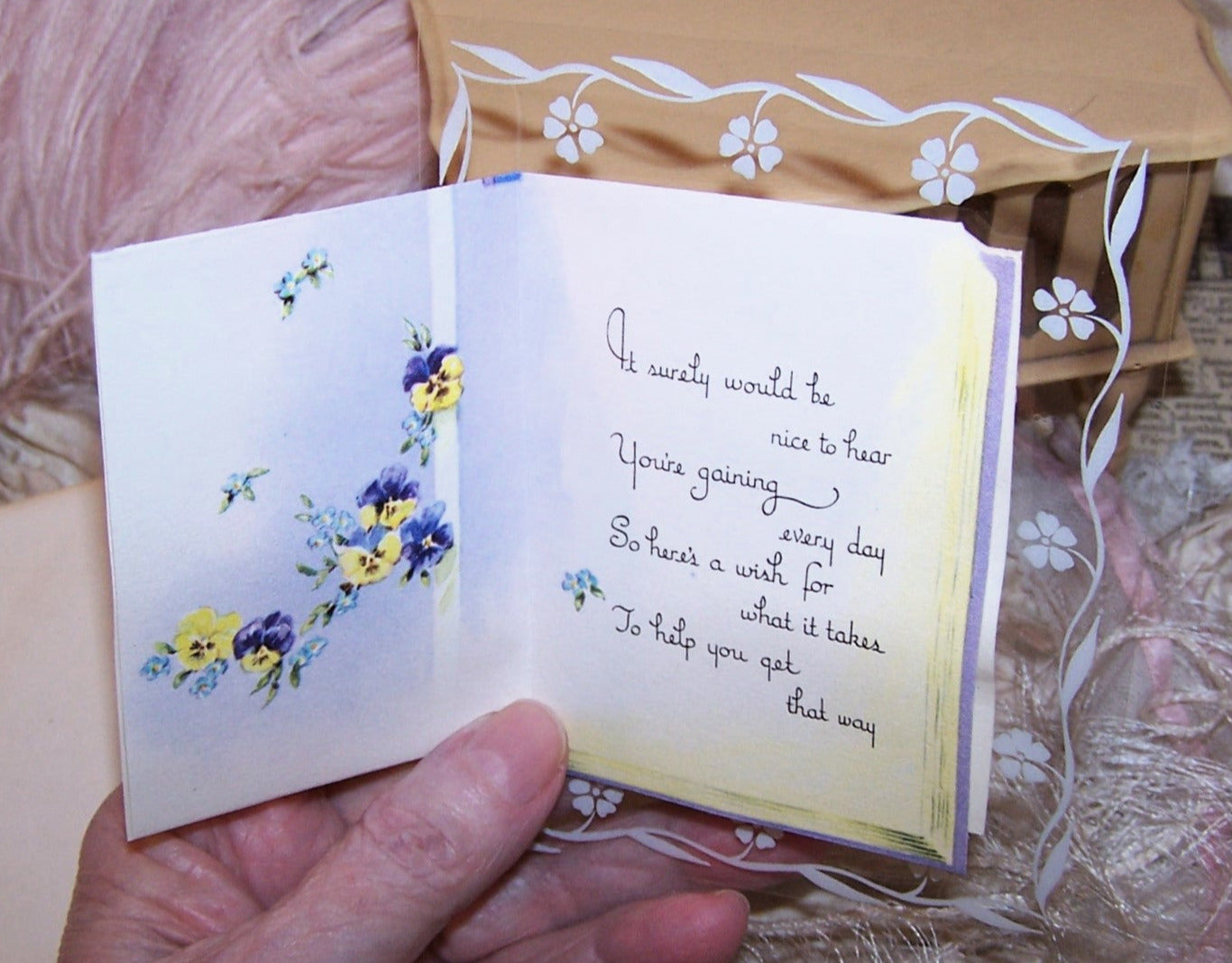 Unused 1950s Pansies Greeting Card - Get Well Wishes