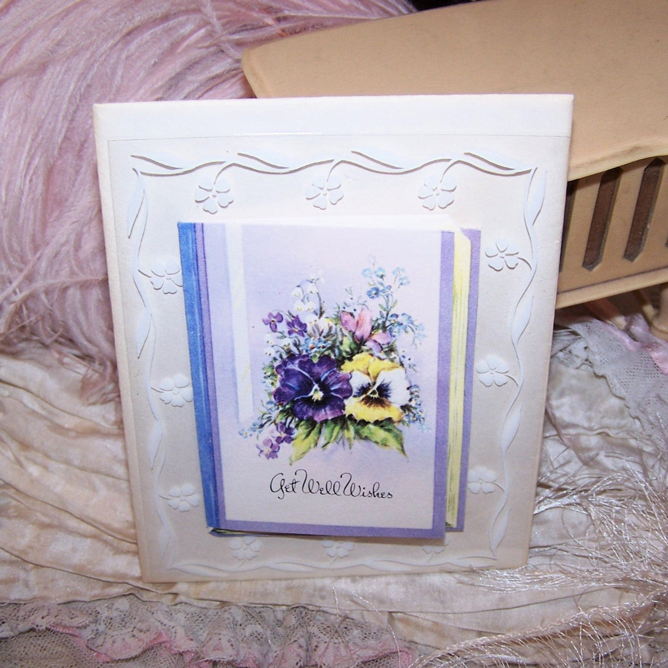 Unused 1950s Pansies Greeting Card - Get Well Wishes
