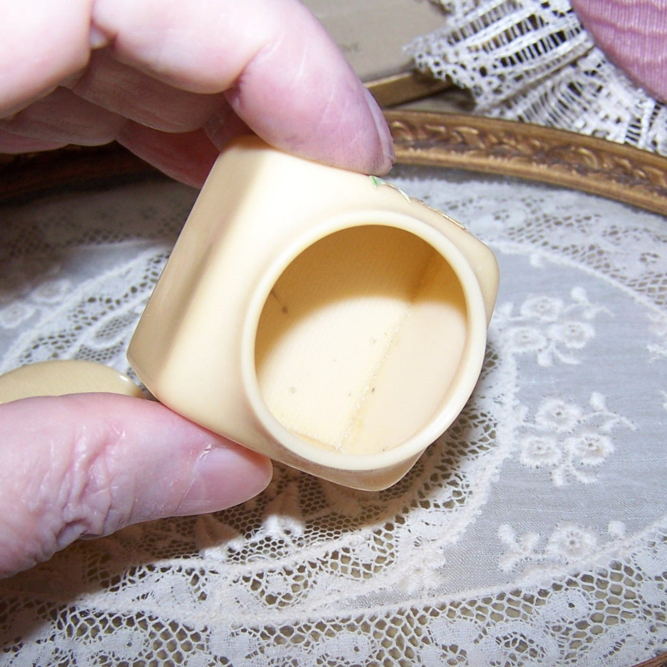 ART DECO Celluloid Powder Box - Victorian Die Cut Violets Front