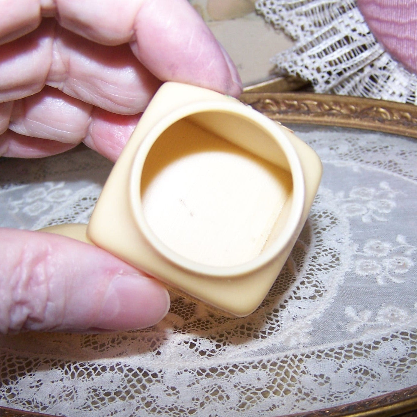 ART DECO Celluloid Powder Box - Victorian Die Cut Violets Front
