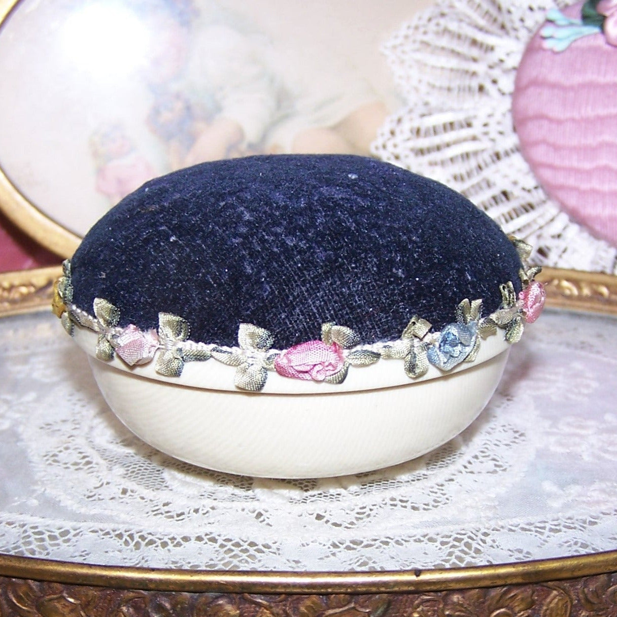 Velvet & Celluloid Pin Cushion with Antique French Ribbonwork Trim