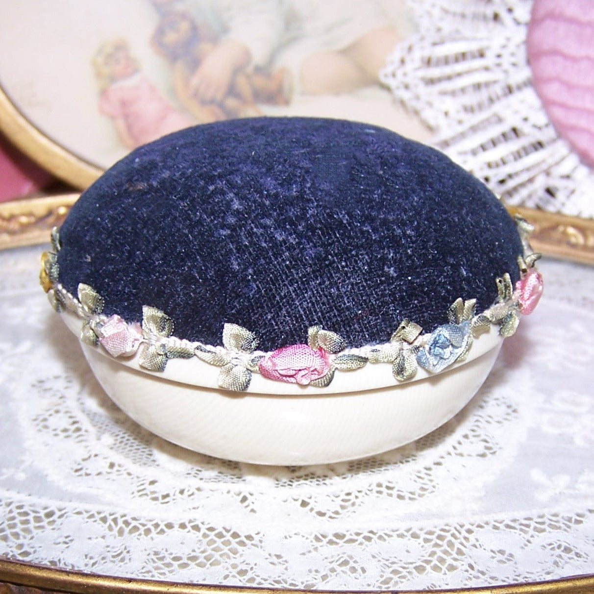Velvet & Celluloid Pin Cushion with Antique French Ribbonwork Trim
