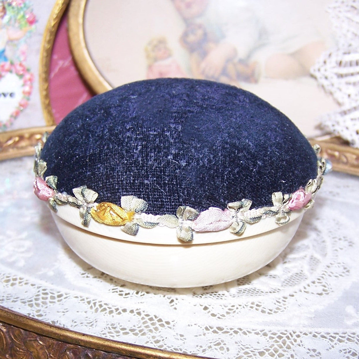 Velvet & Celluloid Pin Cushion with Antique French Ribbonwork Trim