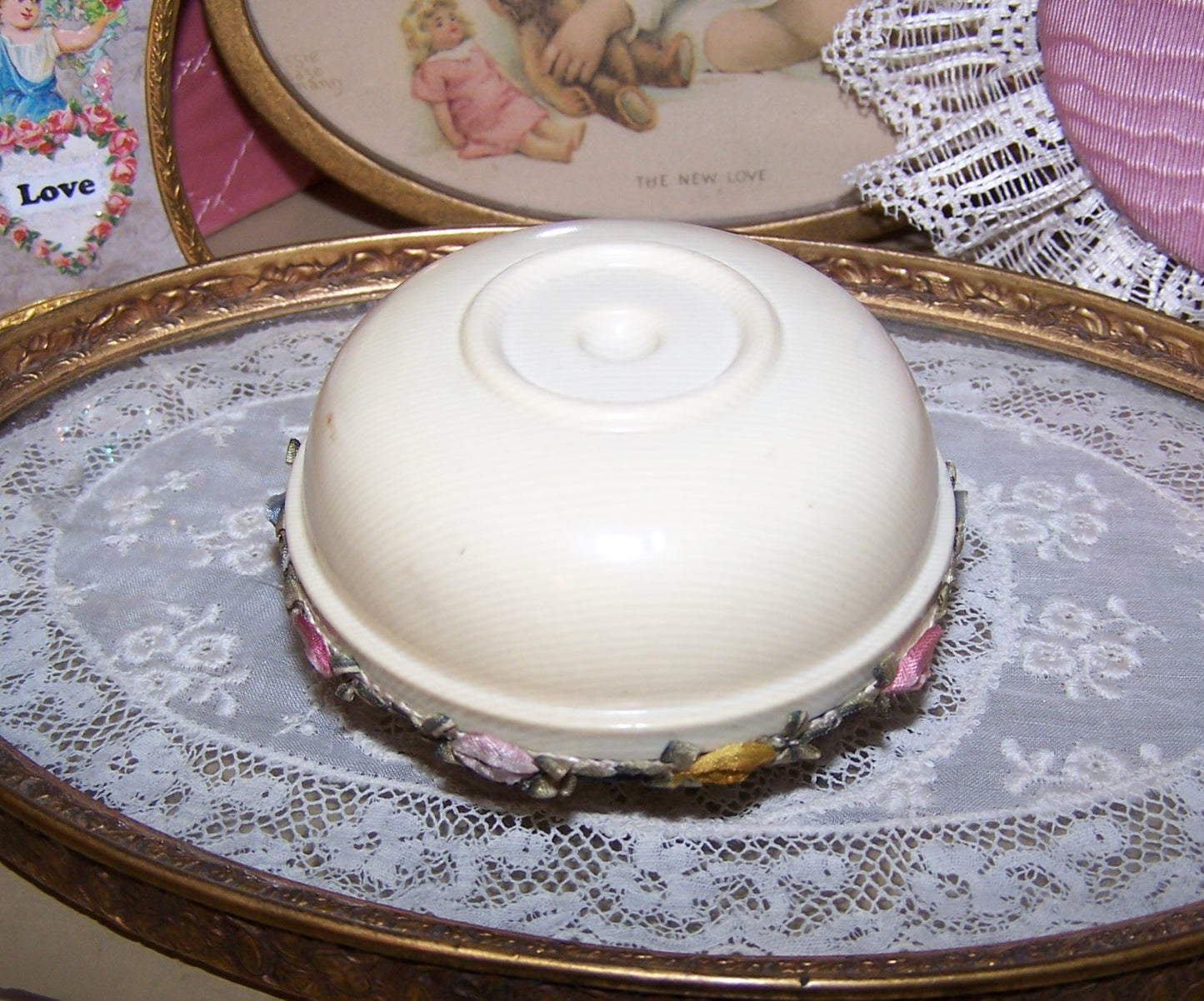 Velvet & Celluloid Pin Cushion with Antique French Ribbonwork Trim