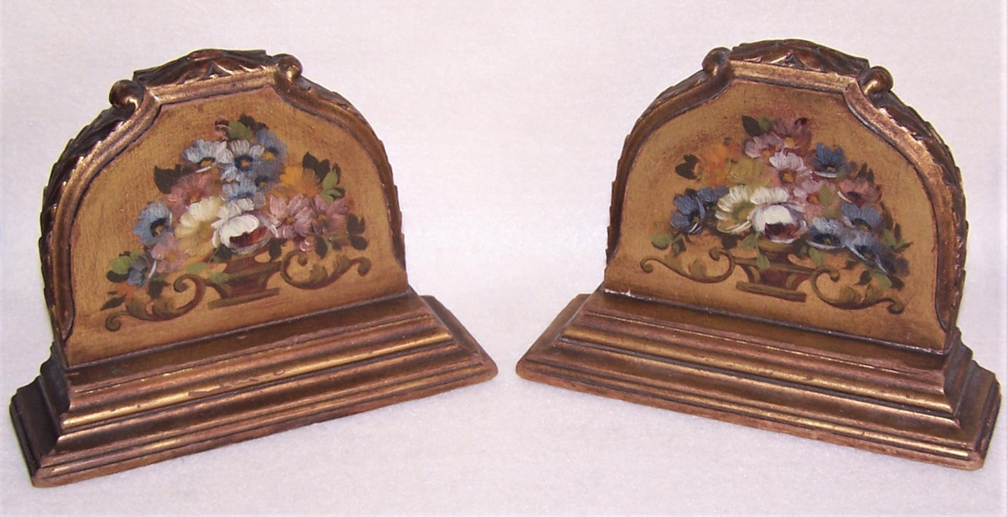 Art Deco Handpainted Floral Wood Bookends Book Ends