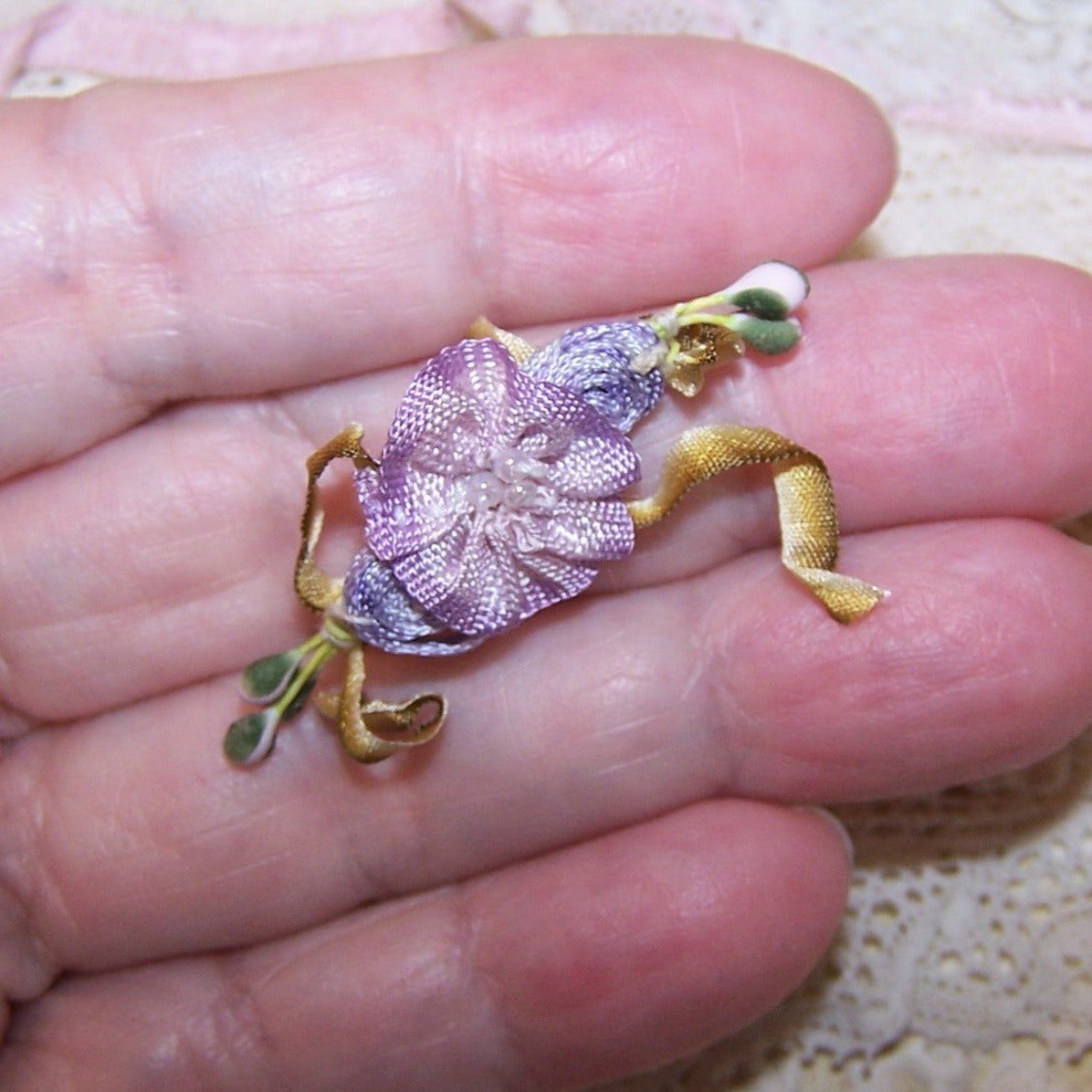 Antique French Ribbonwork - Lavender Ombre Ribbon Rose Embellishment