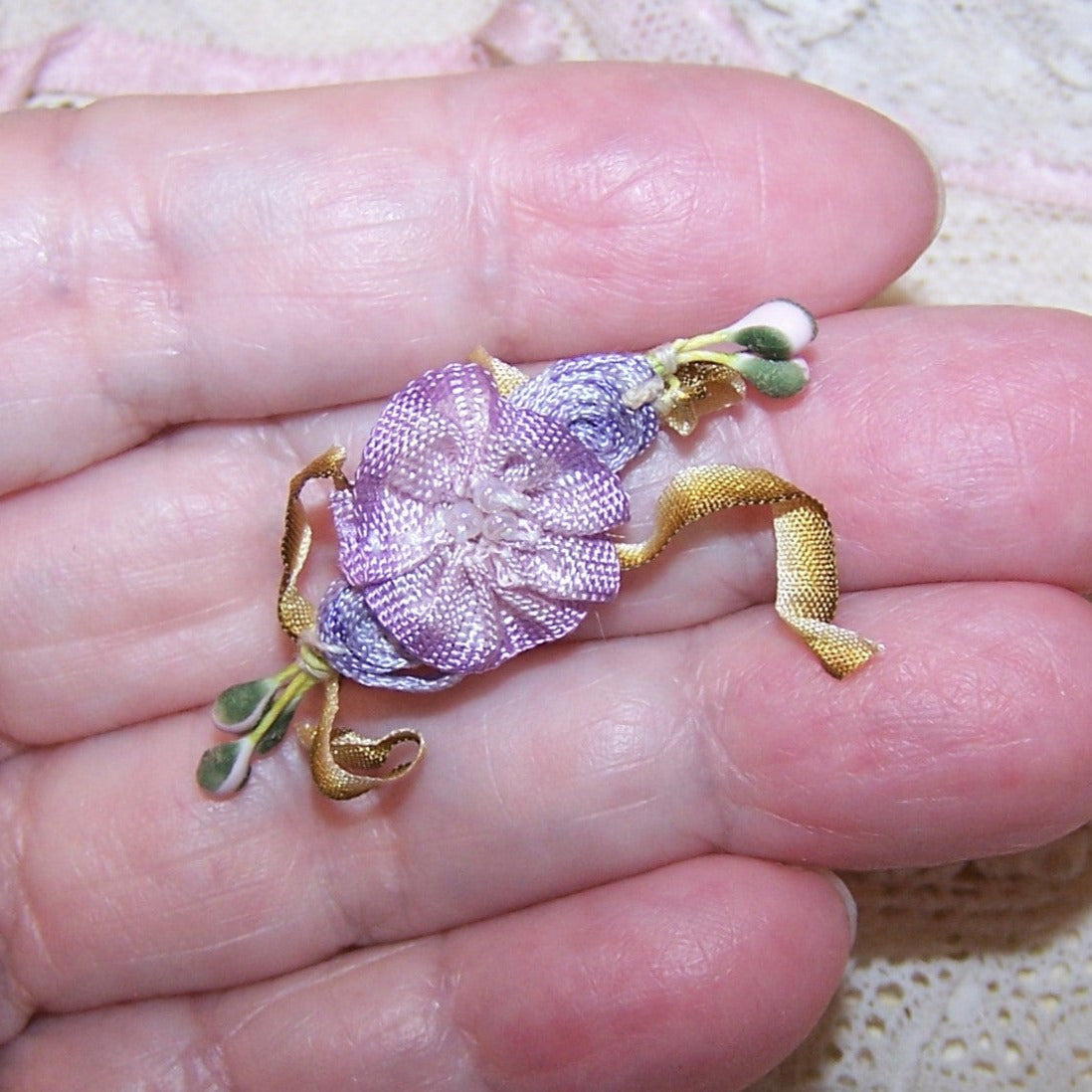 Antique French Ribbonwork - Lavender Ombre Ribbon Rose Embellishment