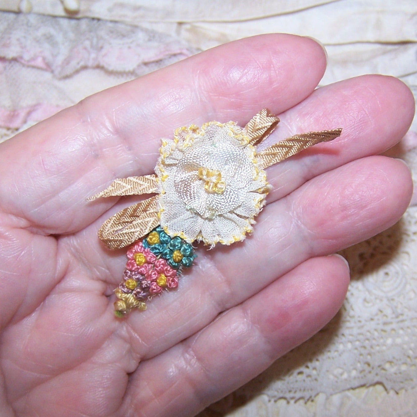 Antique French Ribbonwork Floral Applique - Yellow Organza with Beads