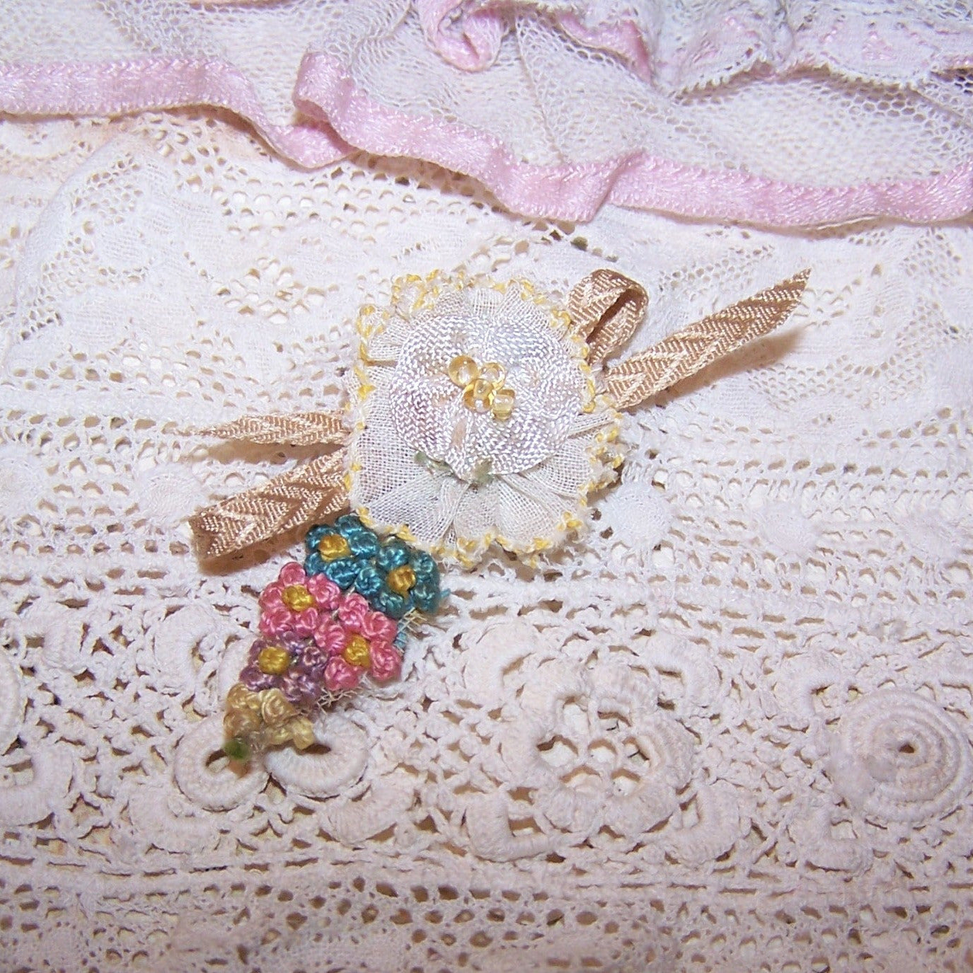Antique French Ribbonwork Floral Applique - Yellow Organza with Beads