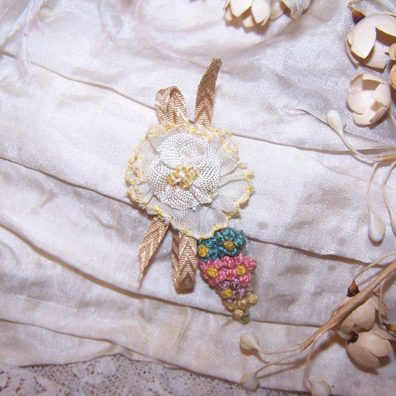Antique French Ribbonwork Floral Applique - Yellow Organza with Beads