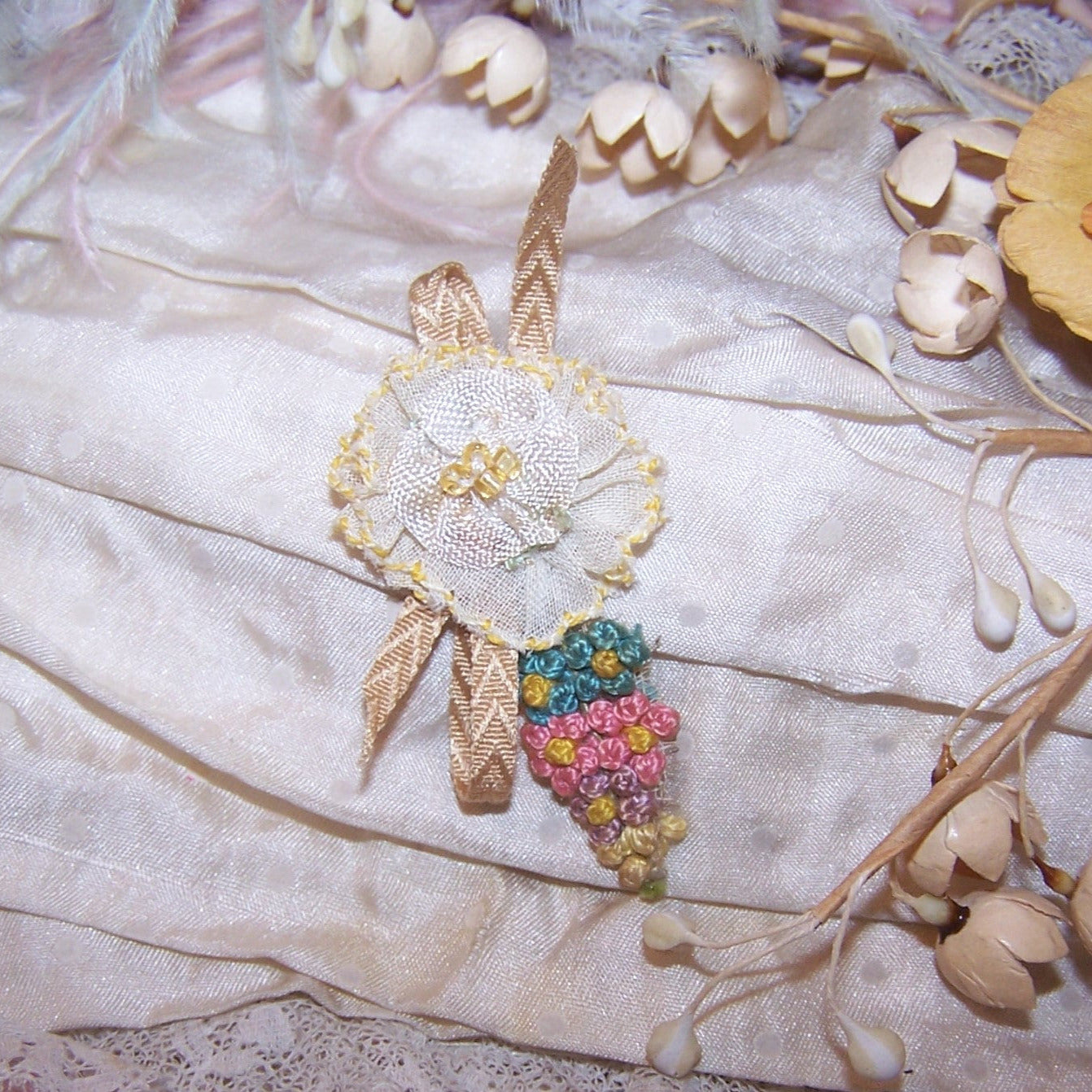 Antique French Ribbonwork Floral Applique - Yellow Organza with Beads