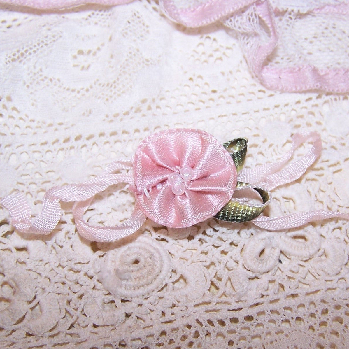Revival French Ribbonwork Applique - Pink Satin Ribbon Rose