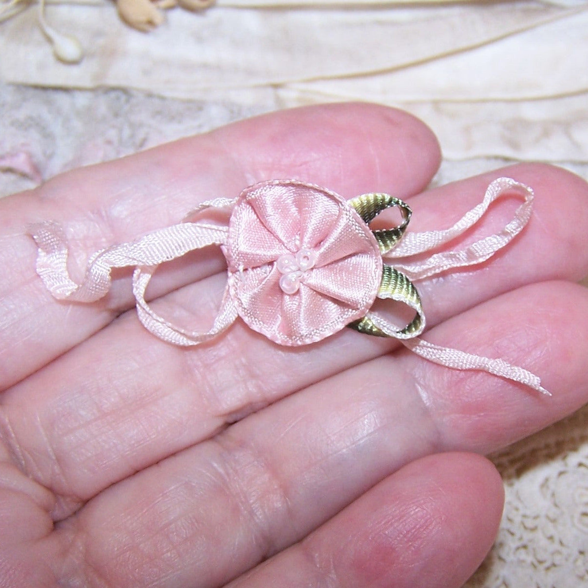Revival French Ribbonwork Applique - Pink Satin Ribbon Rose