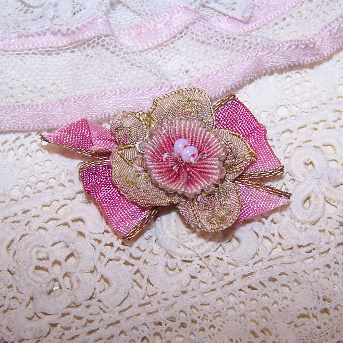 Antique French Ribbonwork Embellishment - Pink Ombre Ribbon Floral with Bow