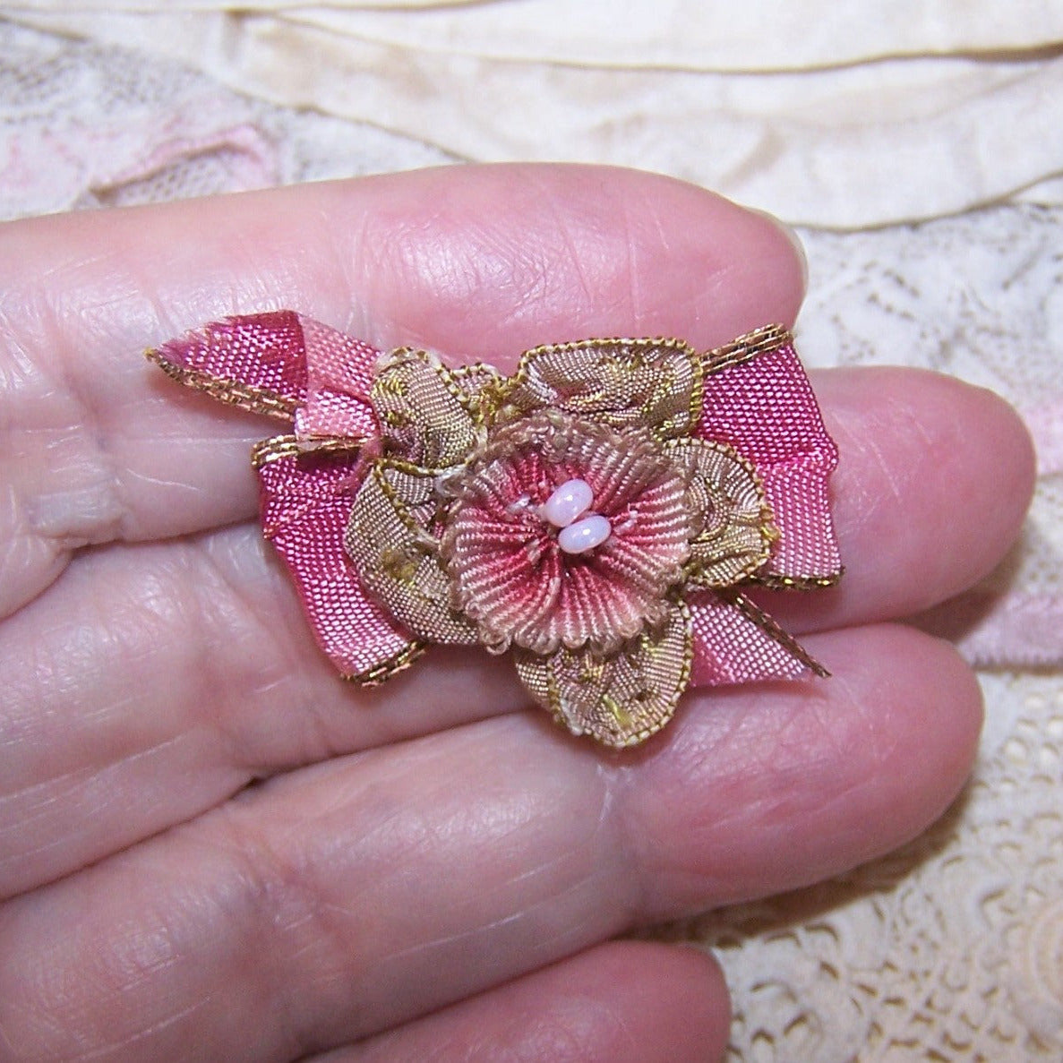 Antique French Ribbonwork Embellishment - Pink Ombre Ribbon Floral with Bow