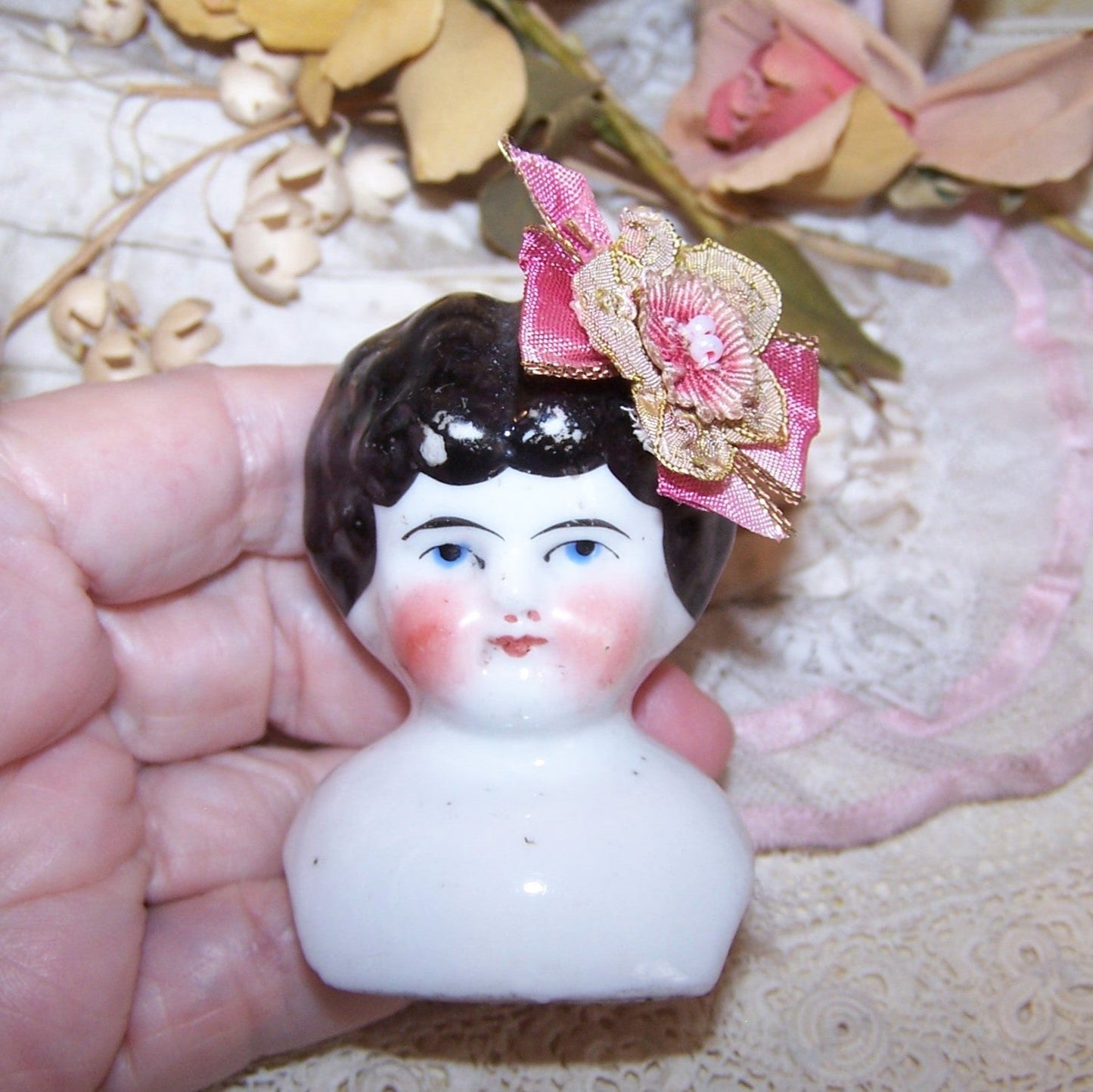 Antique French Ribbonwork Embellishment - Pink Ombre Ribbon Floral with Bow