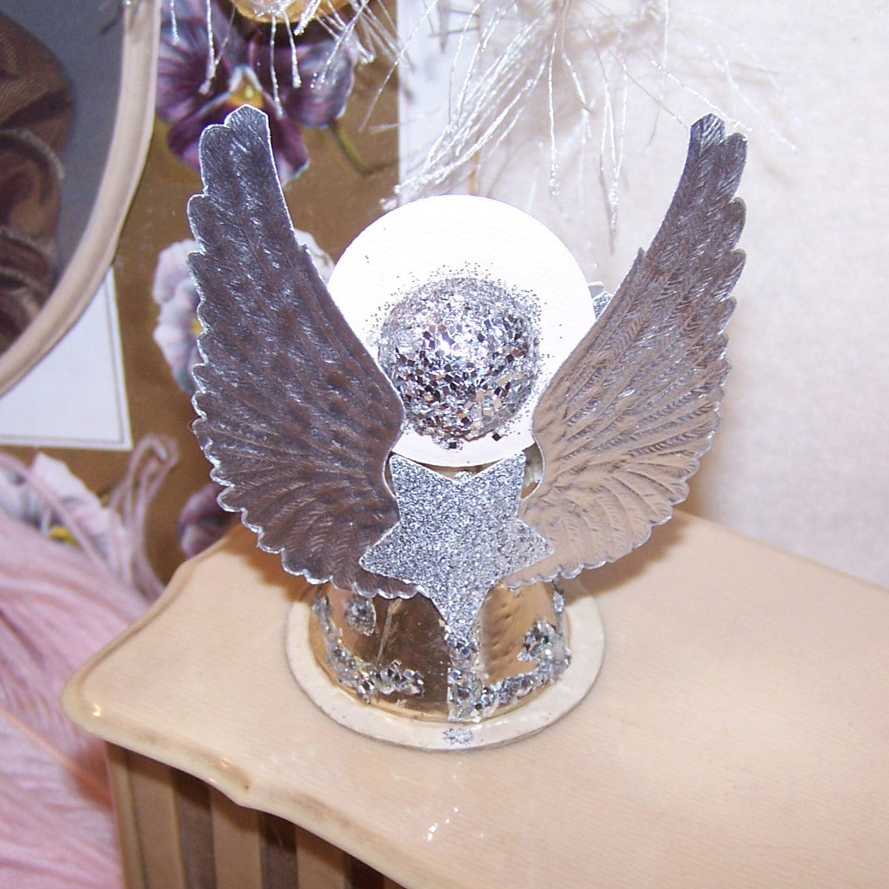 Upcycled Made in Japan Christmas Ornament - Silver Pink Angel