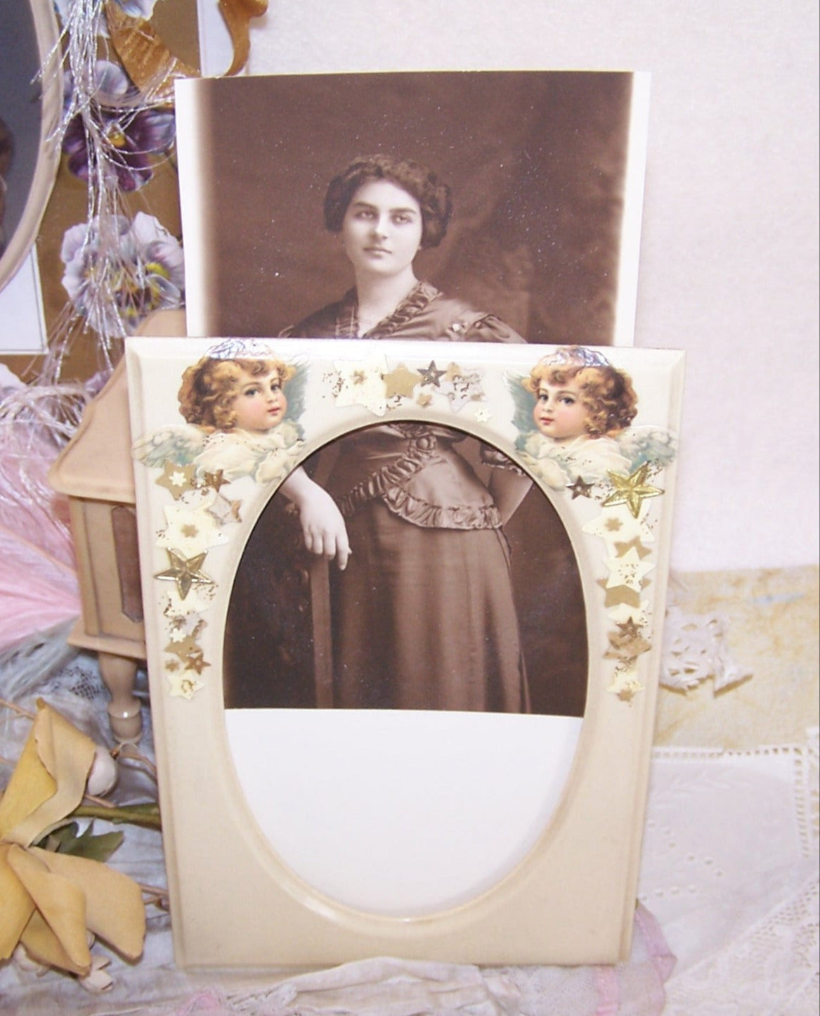 Upcycled Celluloid Picture Frame with Angels | Insert Your Own Picture