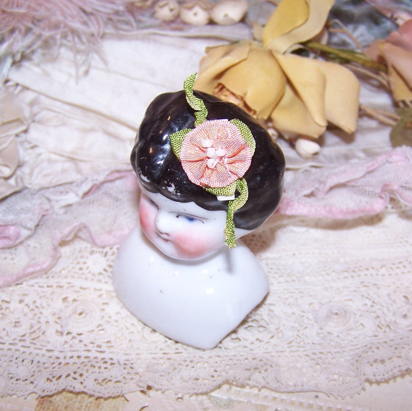 Antique French Ribbonwork Embellishment - Peach Rayon Rose