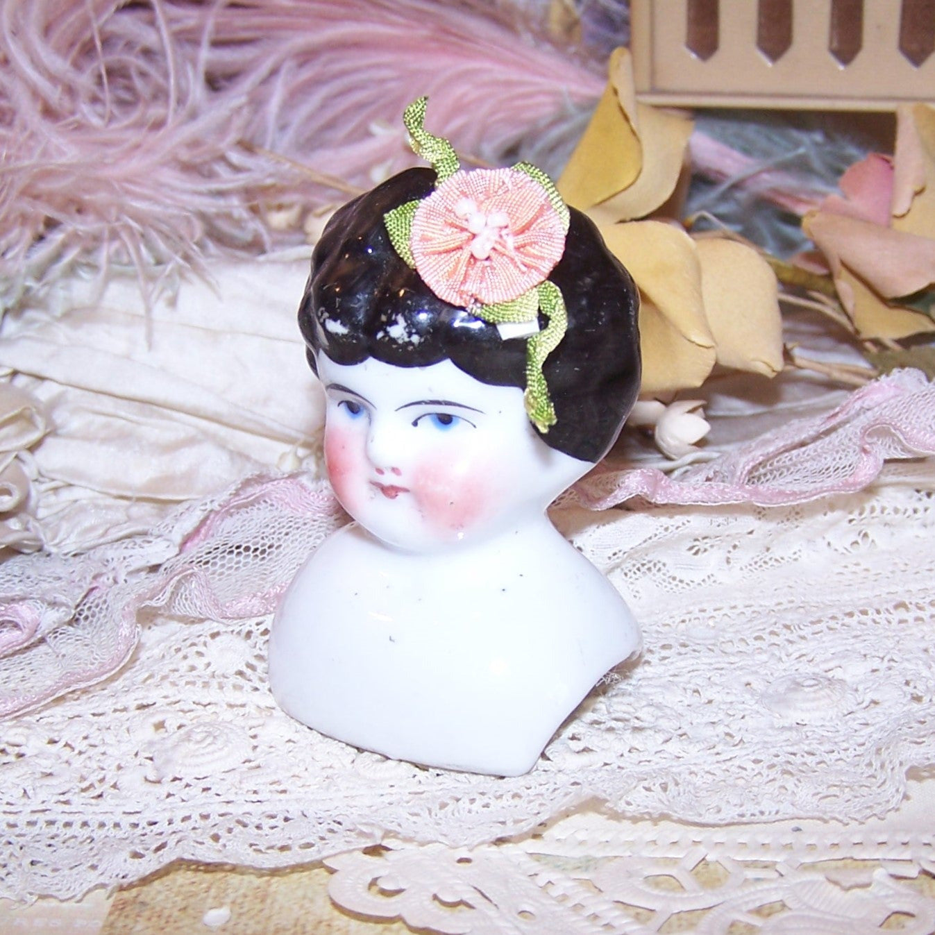Antique French Ribbonwork Embellishment - Peach Rayon Rose