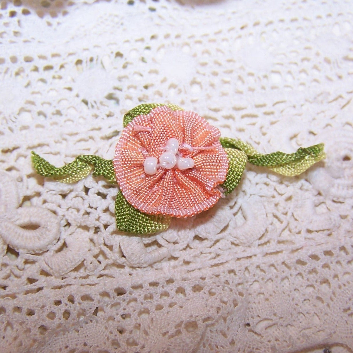 Antique French Ribbonwork Embellishment - Peach Rayon Rose