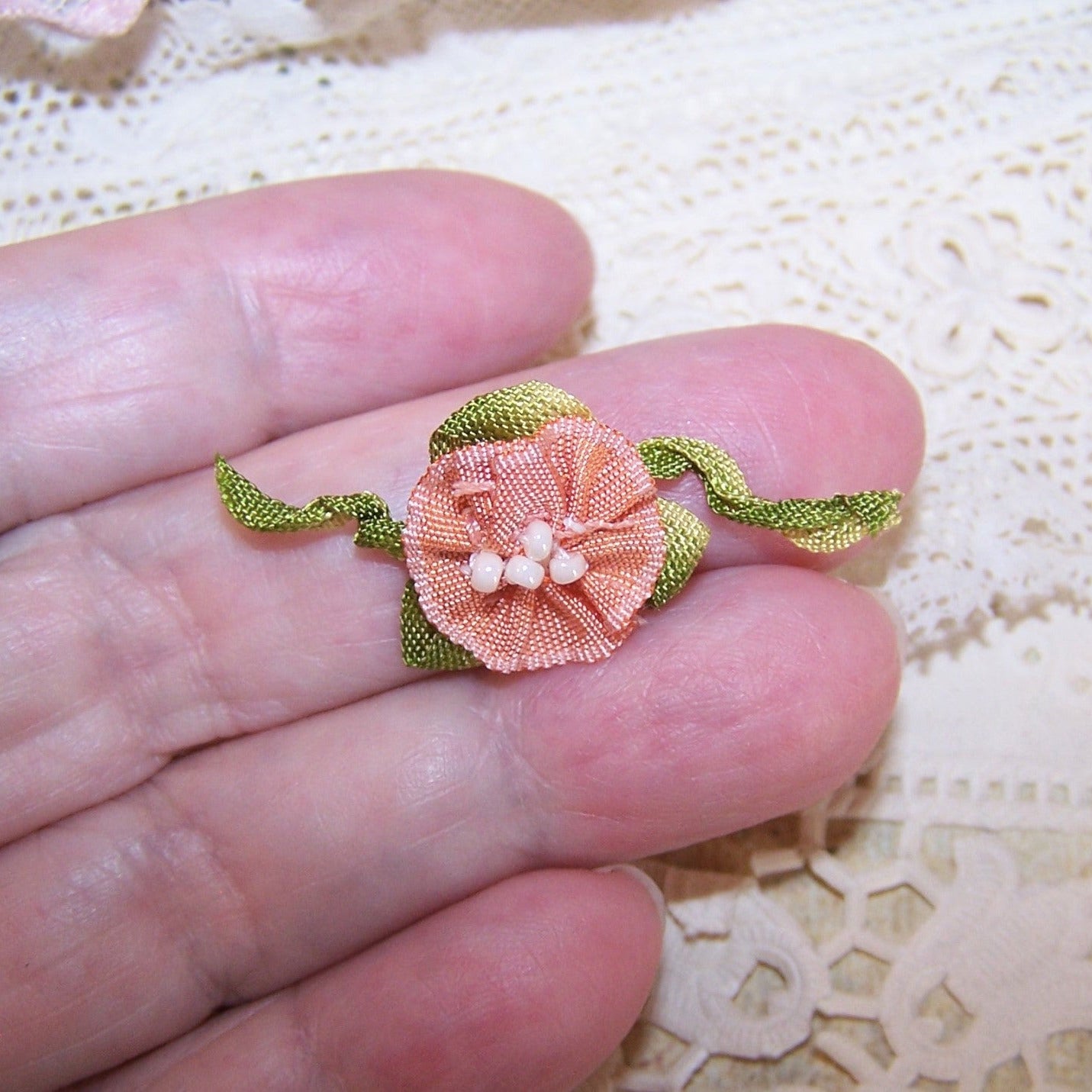 Antique French Ribbonwork Embellishment - Peach Rayon Rose
