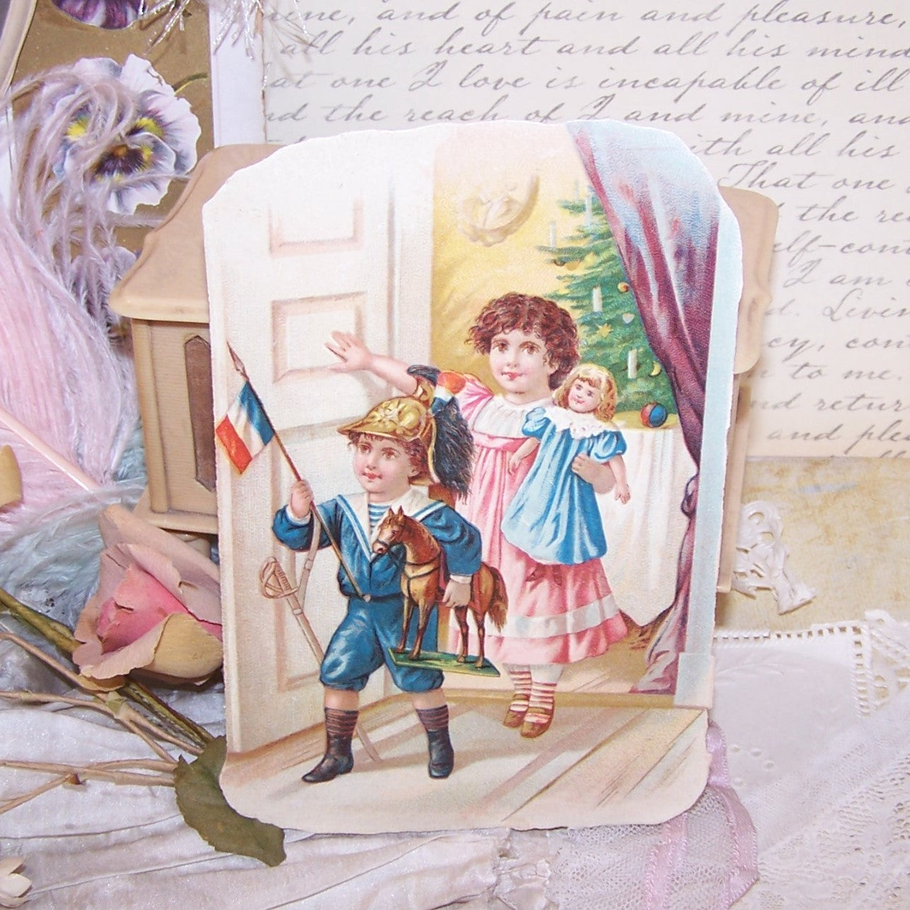Antique Victorian Die Cut - Children at Christmas