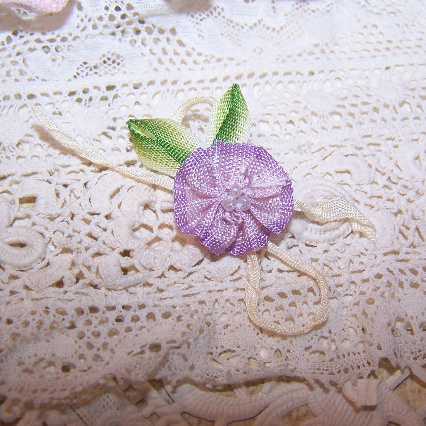 Antique French Ribbonwork Embellishment - Lavender Ombre Ribbon Rose