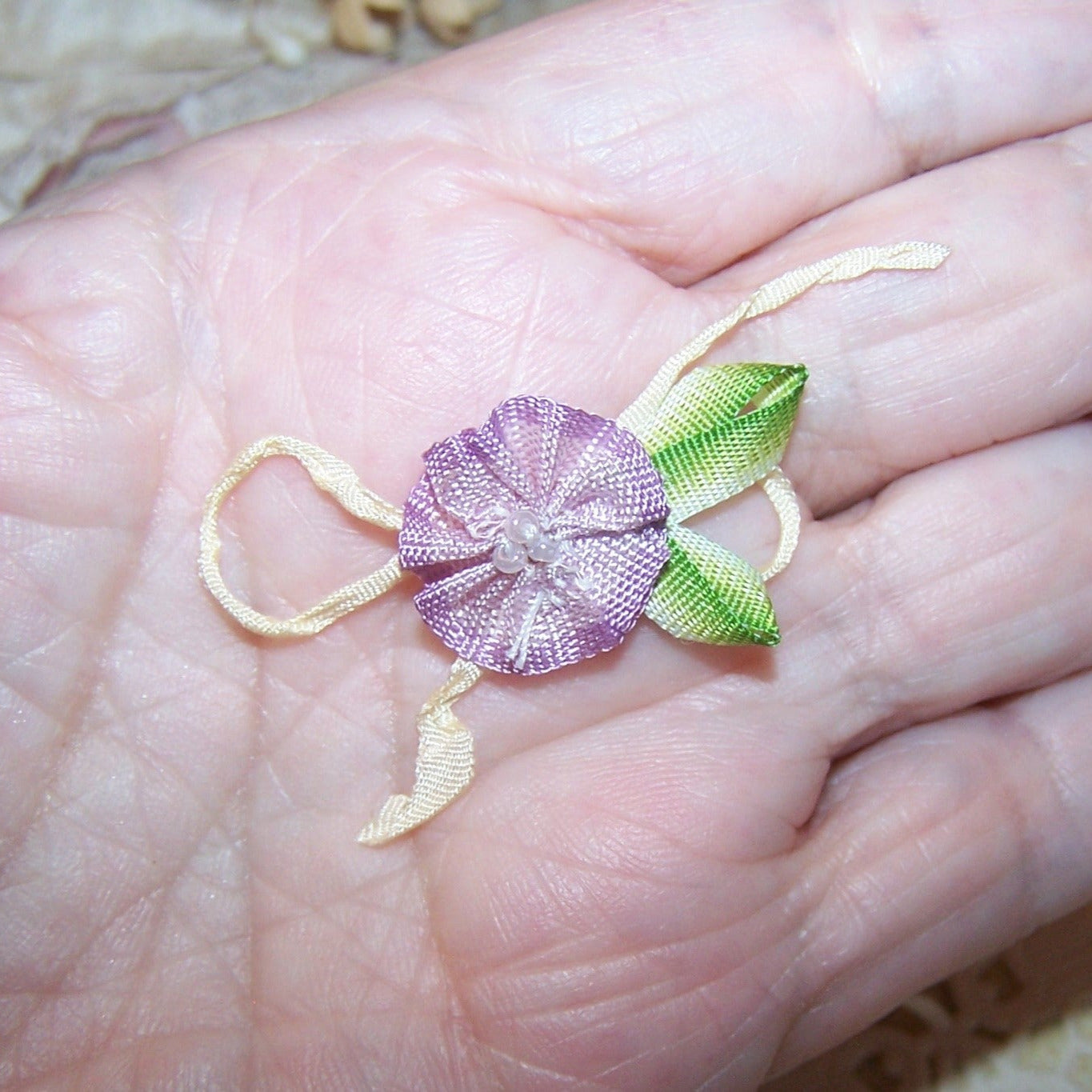 Antique French Ribbonwork Embellishment - Lavender Ombre Ribbon Rose
