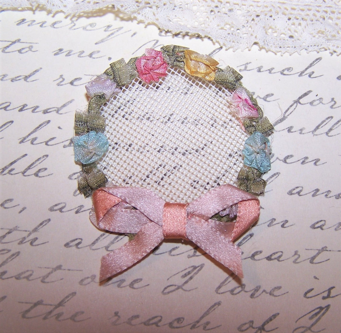 Antique French Ribbonwork Wreath Garland Applique Decoration