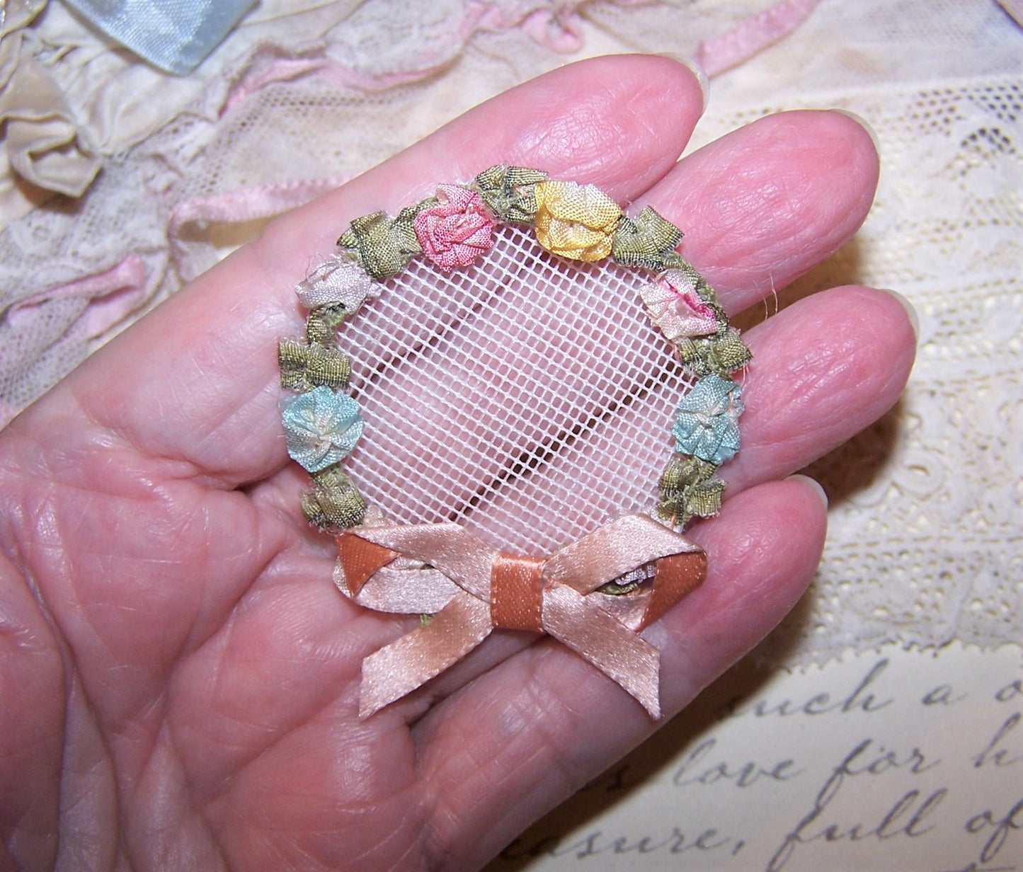 Antique French Ribbonwork Wreath Garland Applique Decoration