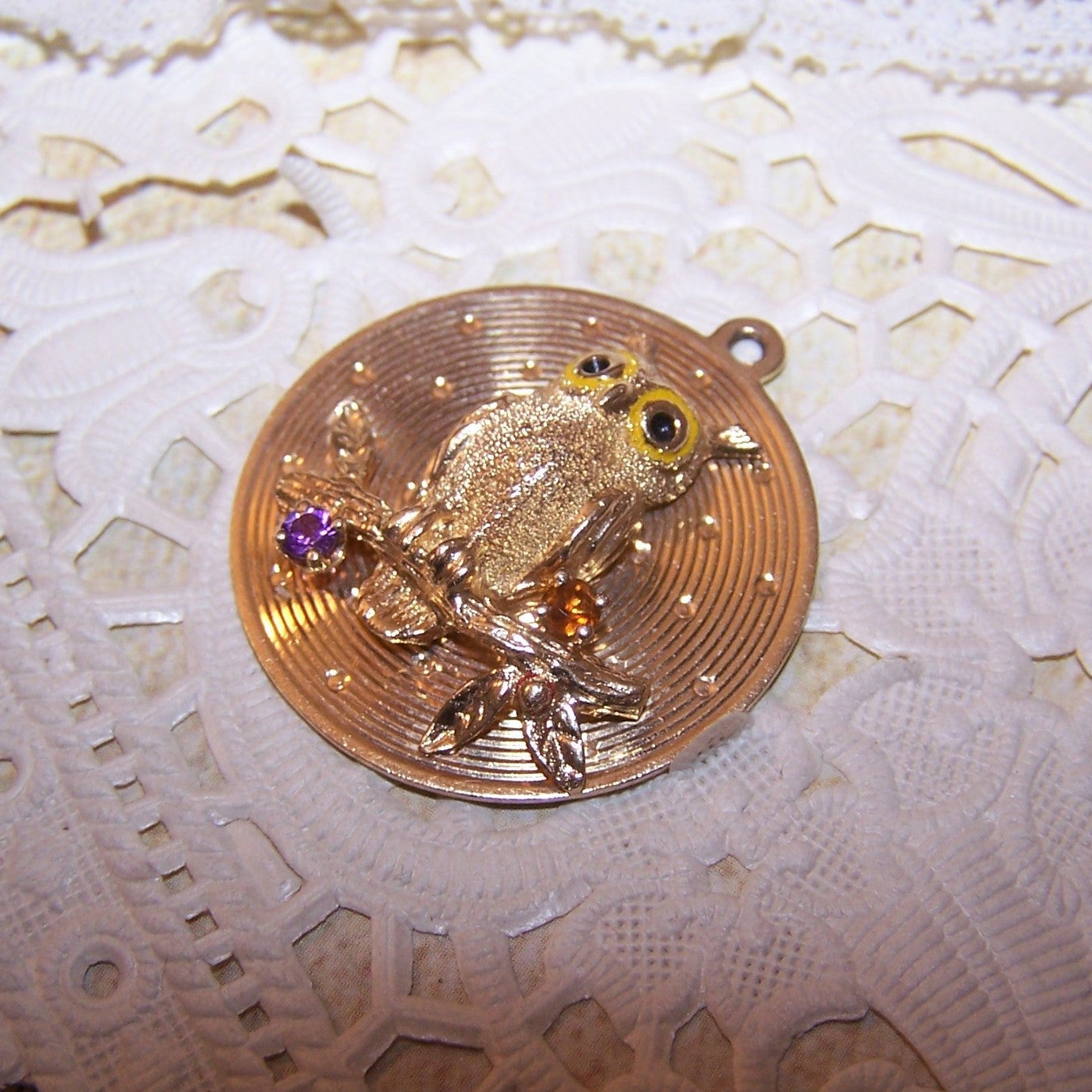 DANKNER 14K Gold Enamel Disc Charm - Halloween Owl on a Branch
