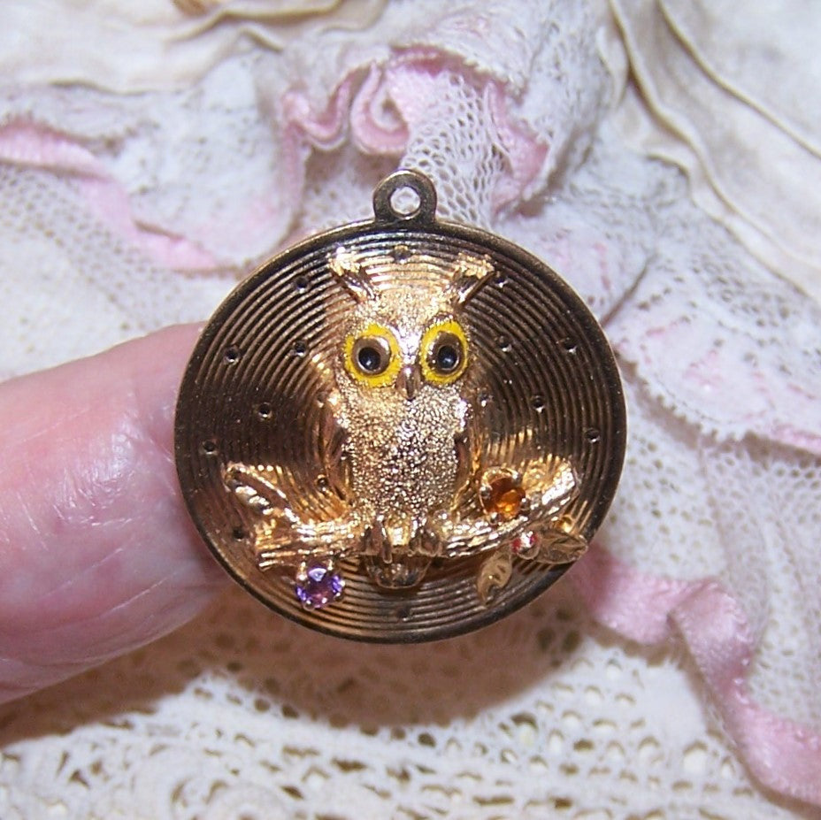 DANKNER 14K Gold Enamel Disc Charm - Halloween Owl on a Branch