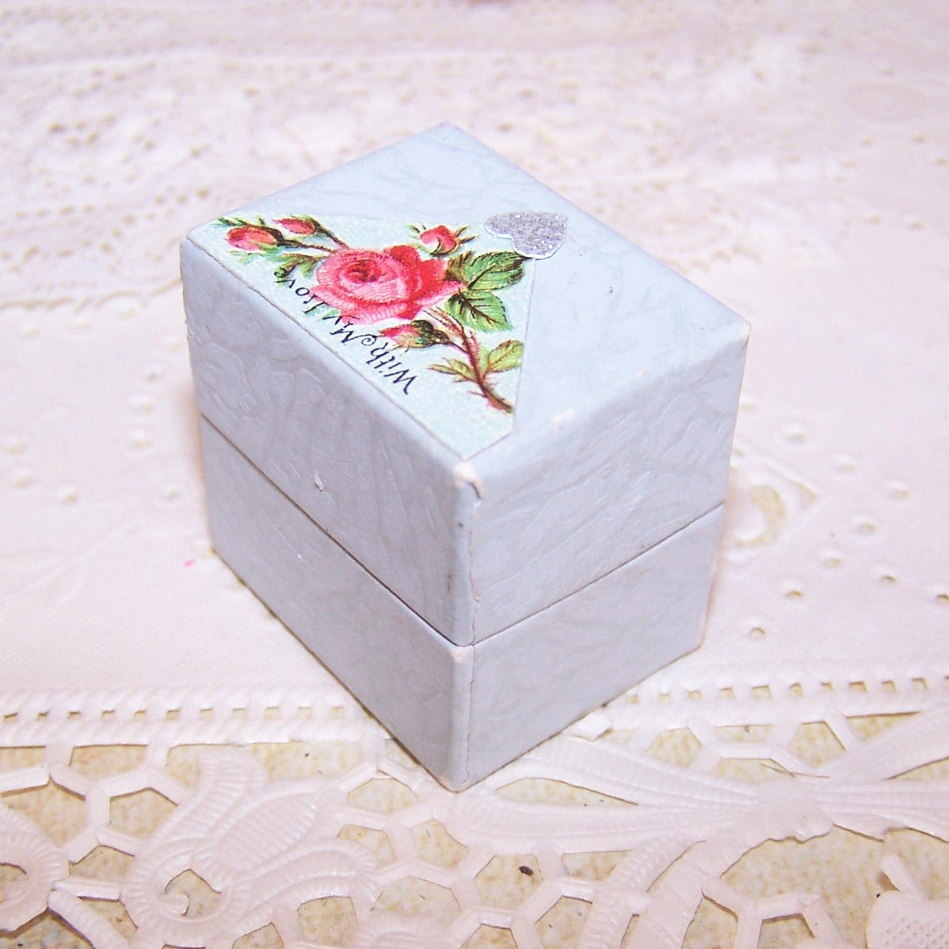 Lt Blue Antique Victorian Paper Ring Box - WITH MY LOVE