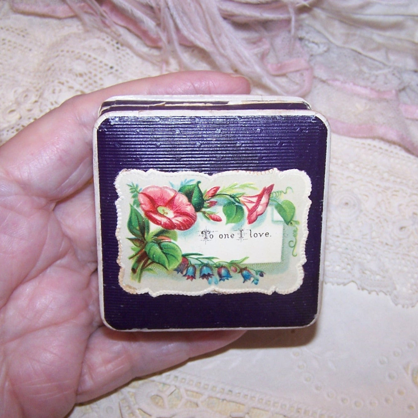 Antique Victorian German Paper Ring Box - TO ONE I LOVE