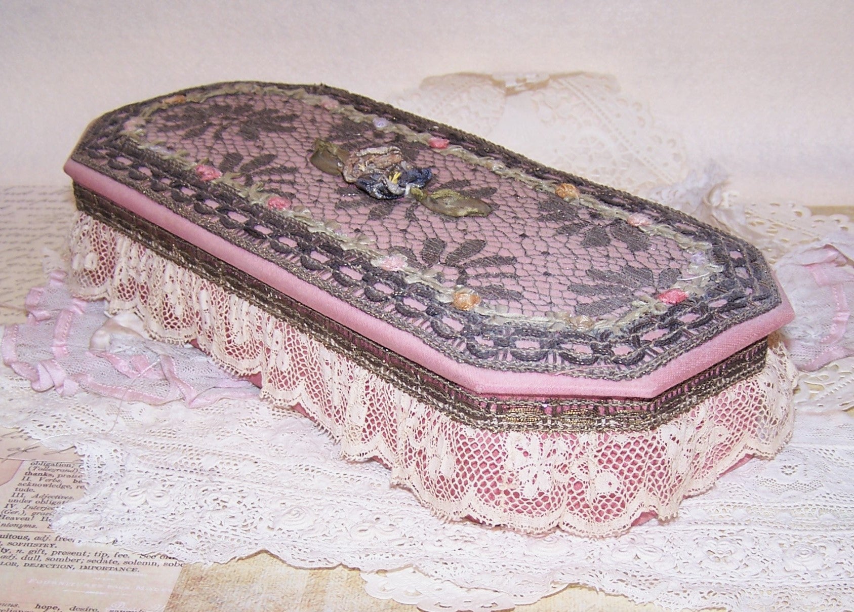 French Art Deco Boudoir Box. Mauve fabric with gold lace trim and rococo ribbon rose trim.  Very fine condition with decorative floral embellishment.  