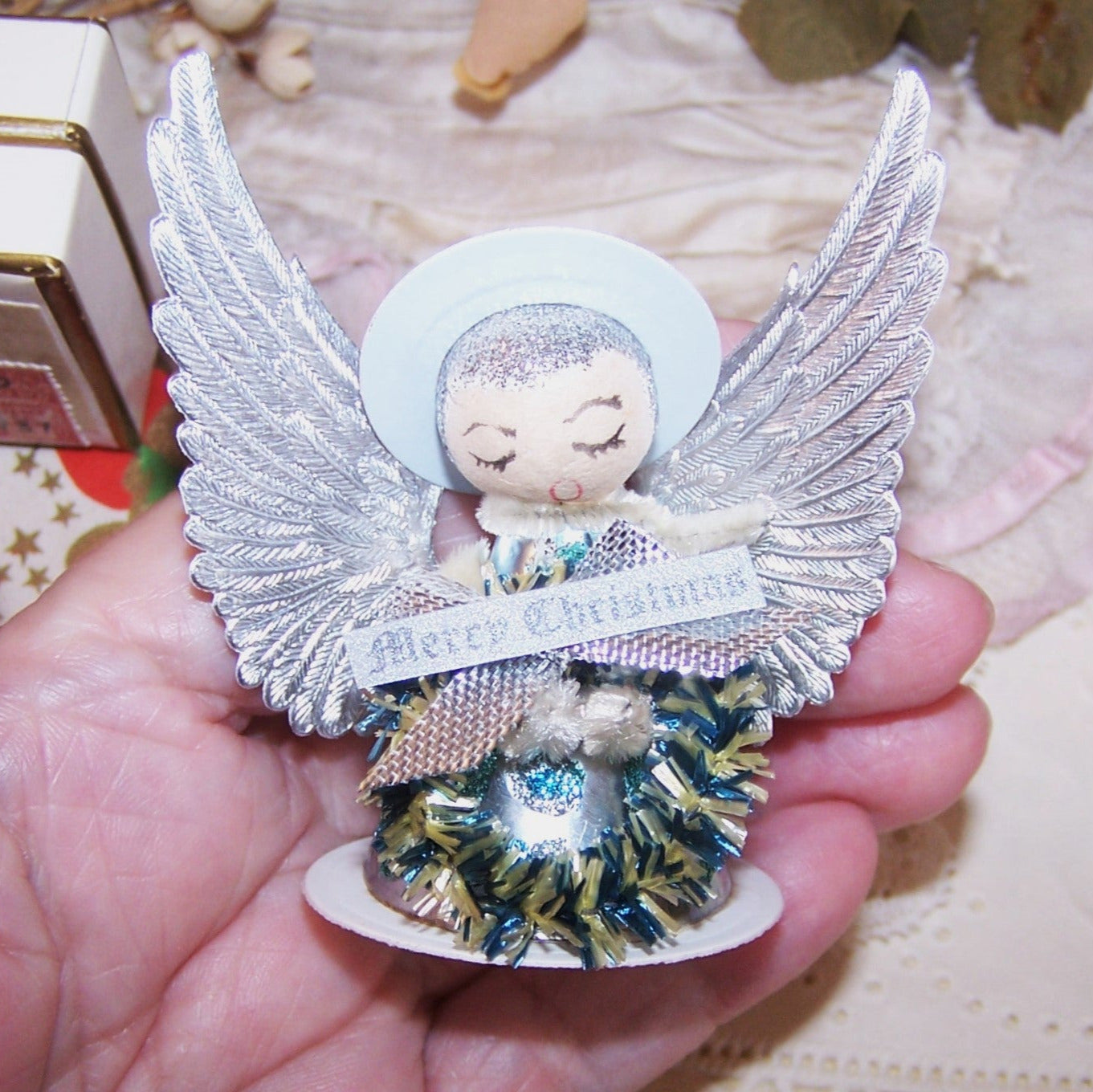 Upcycled Made in Japan Christmas Ornament - Angel Carrying Wreath