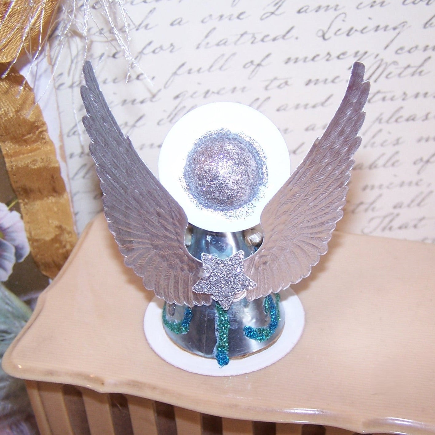 Upcycled Made in Japan Christmas Ornament - Angel Carrying Wreath
