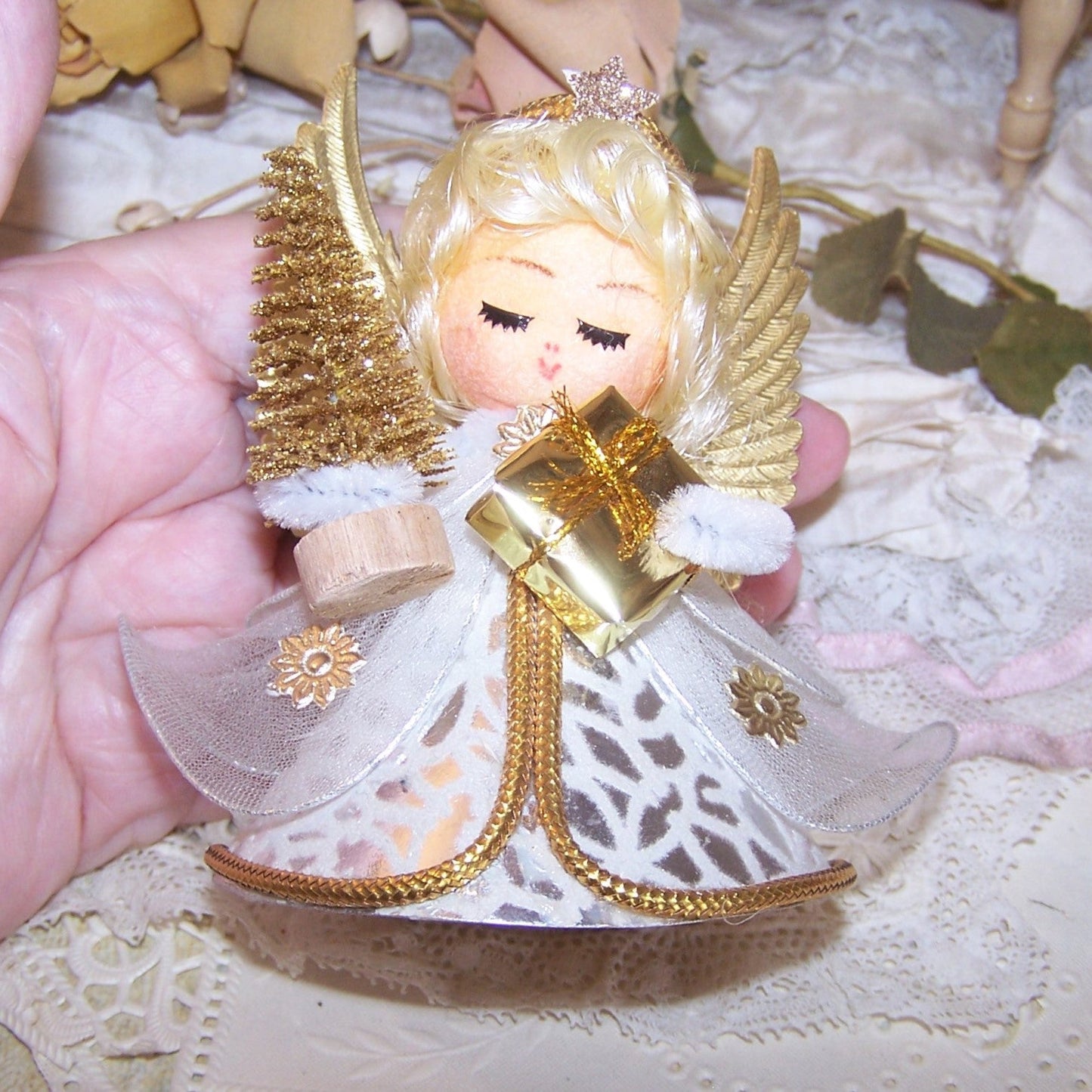 Upcycled Made in Japan Christmas Angel Ornament in Gold